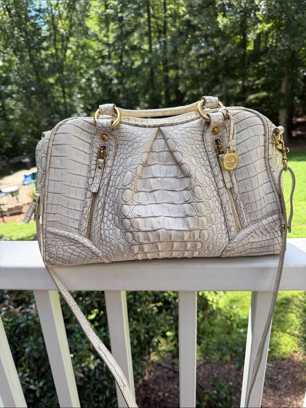 BRAHMIN Ivory Croc-Embossed Satchel Handbag